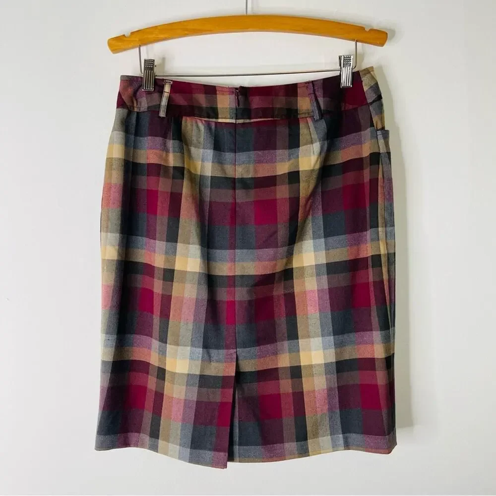 Vintage blue pink tan plaid preppy academia office midi skirt 10